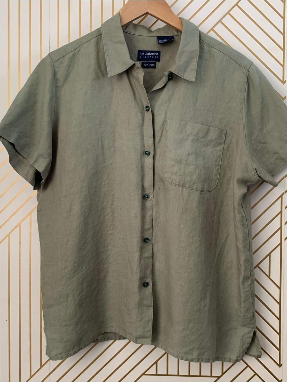 Liz Claiborne 100% Linen Button Shirt Short Sleeve Granola Lagenlook boho chic L